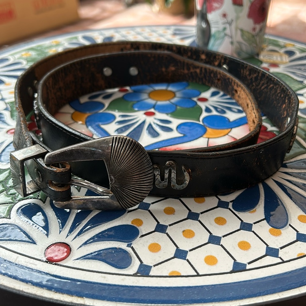 Larry Mahan Leegin Vintage 1990s Black Leather Belt With Animal Studded Belt